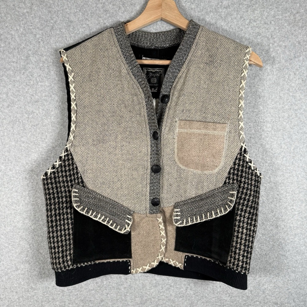 JouJou vest womens medium vintage suede leather patchwork button front